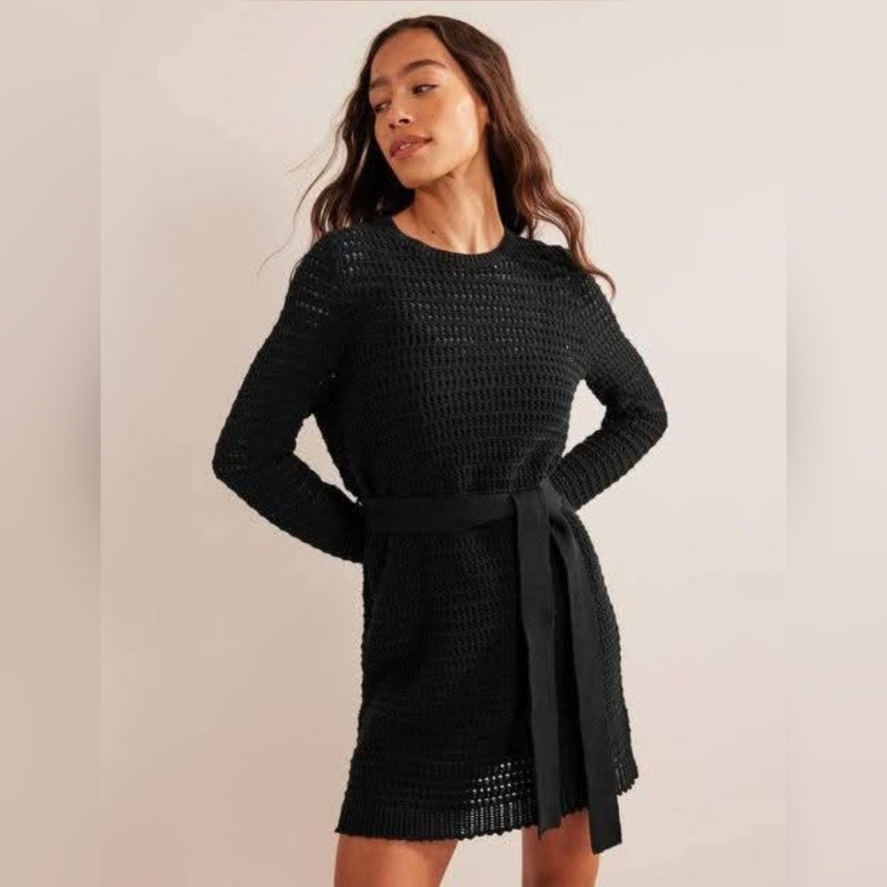 Boden Sweater Dress Women 6L Black Open Knit Belted Long Sleeve Crochet